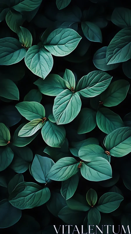 Moody botanical leaf pattern in dark teal tonal palette.
