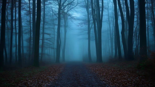 Misty blue forest trail with towering bare tree silhouettes.