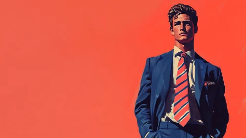 Stylized man in blue suit against flat orange background.