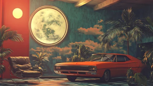 Retro coupe glows under surreal indoor moonlight scene.