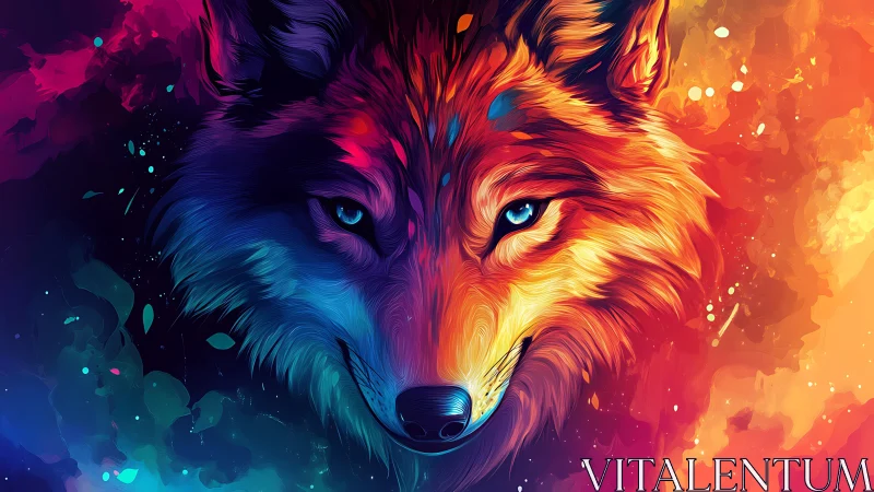 Neon wolf portrait merges cool blues with blazing orange fire.