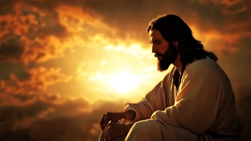 Solitary robed figure in quiet reflection at golden sunset.