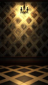 Dim chandelier over vintage diamond wall and floor pattern.