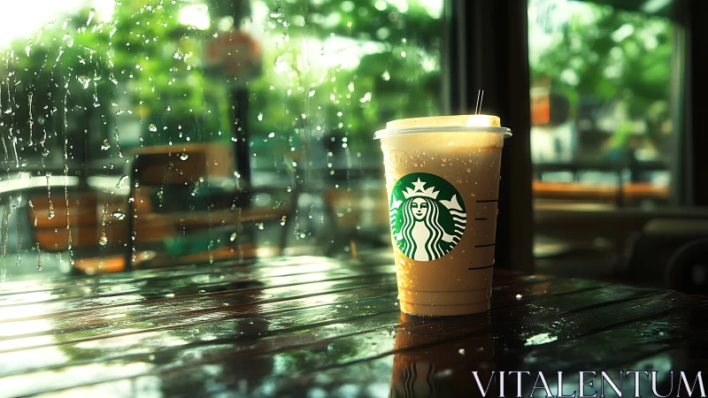 Iced coffee daydream glows against rainwashed café window.