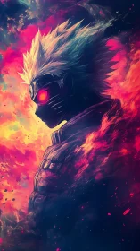 Side-profile anime figure stands in intense neon flames