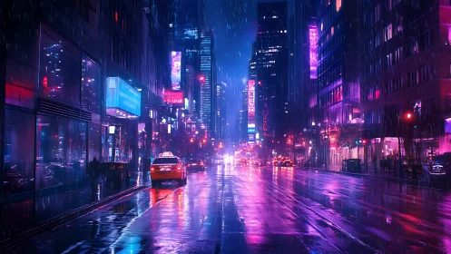 Rainy neon city street with taxi and wet reflections.