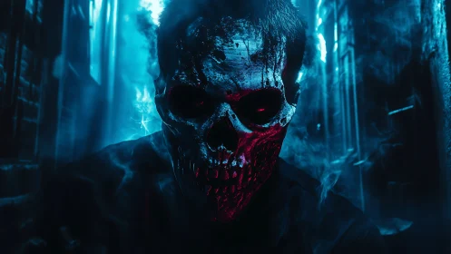 Bioluminescent skull-masked figure in cyan-red misted alley