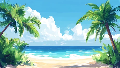 Tropical Paradise Framed by Palm Sentinels.