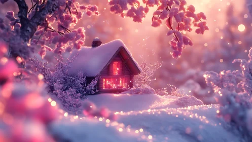 Snowlit cabin under rosy twilight with glowing bokeh snowfall.