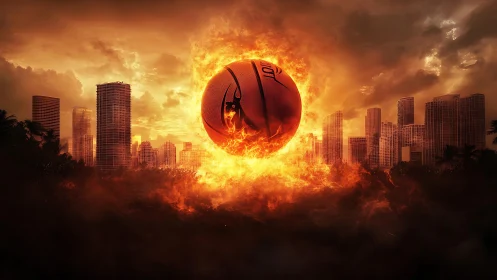 Blazing basketball ignites a dramatic city skyline at dusk.