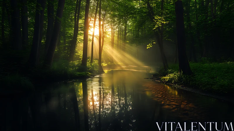 Serene sunlit forest river with lush greenery in atmospheric light.