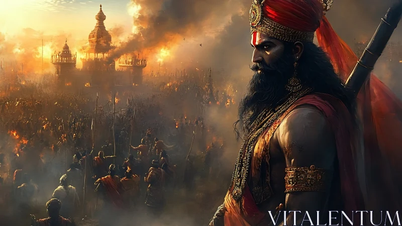 Warrior king observing burning temple battlefield scene.