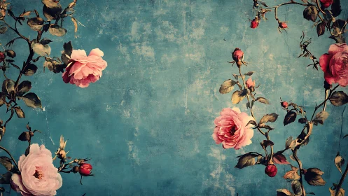 Vintage pink climbing roses on distressed teal backdrop.