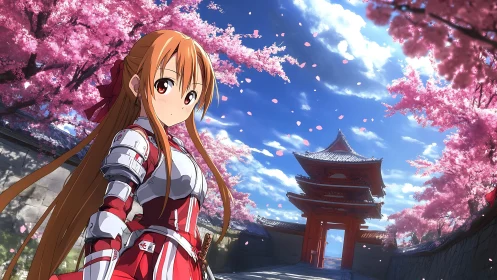 Cherry blossoms welcome a calm anime knight on temple path