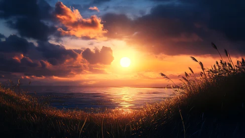 Sunset over calm sea with silhouetted coastal grasses.