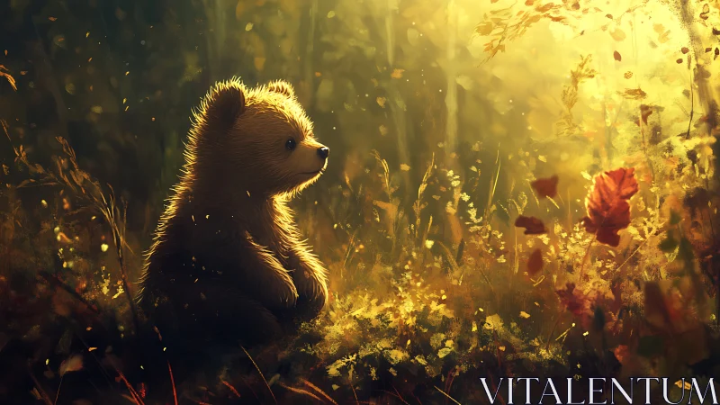 Backlit bear cub studies drifting autumn foliage in forest light