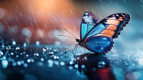 Rain-kissed sapphire butterfly pausing on a trembling puddle.