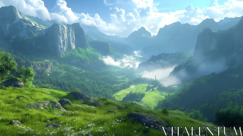 Sunlit valley unfurls between cloud-draped emerald giants