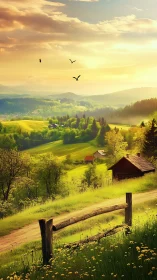 Golden hillside path winding through a quiet country valley.