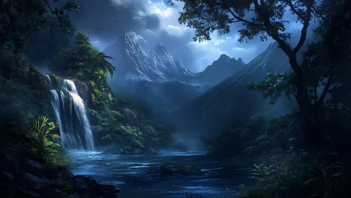Moonlit waterfall valley beneath towering icy peaks.