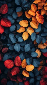 Color blocked autumn foliage in red, gold, and blue leaves.