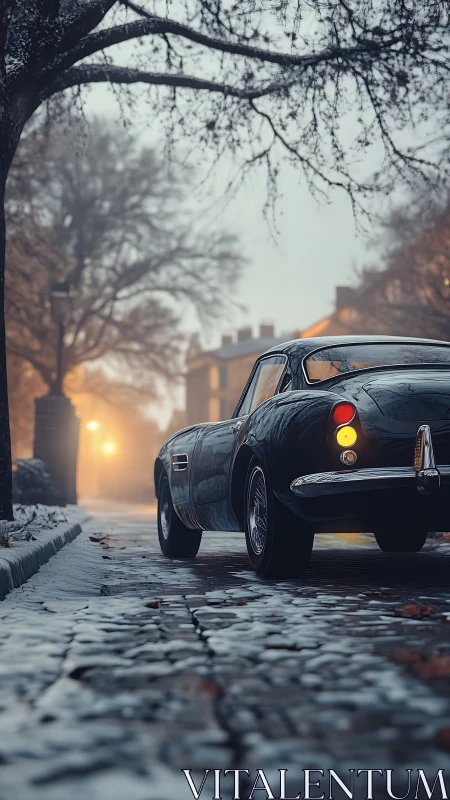 Vintage coupe on wet cobblestone street in winter fog.