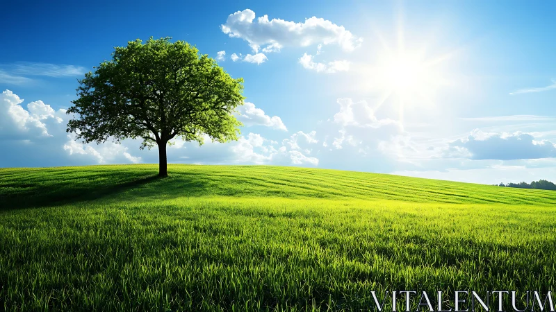 Lone hilltop tree bathing in radiant sunlit meadow glow.