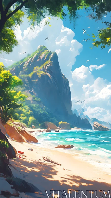 Tropical Cliffside Beach Paradise with Turquoise Waters.