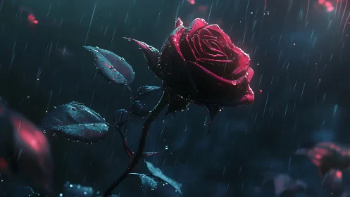 Red rose stem in rainfall with dark blue background.