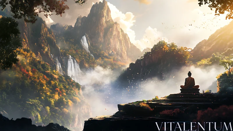 Quiet mountain meditation welcomes sunrise over misty valley