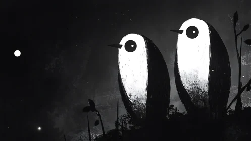 Two curious penguins share a quiet starlit night together