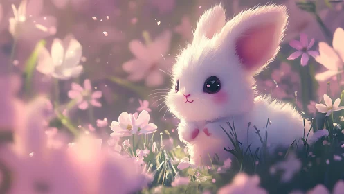 White cartoon bunny sits in pink flower field at sunset