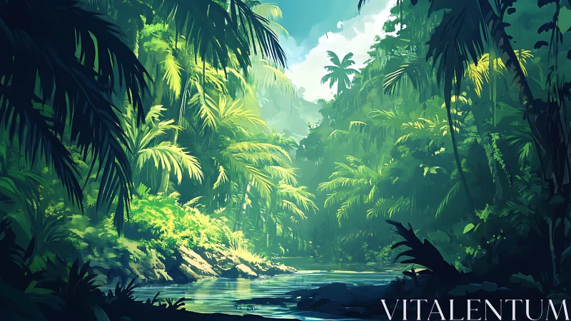 Luminescent Jungle Watercourse: Digital Landscape Rendering.