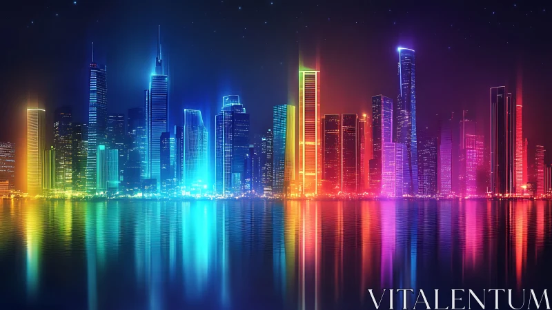 Neon skyline dreams over a glowing rainbow harbor.