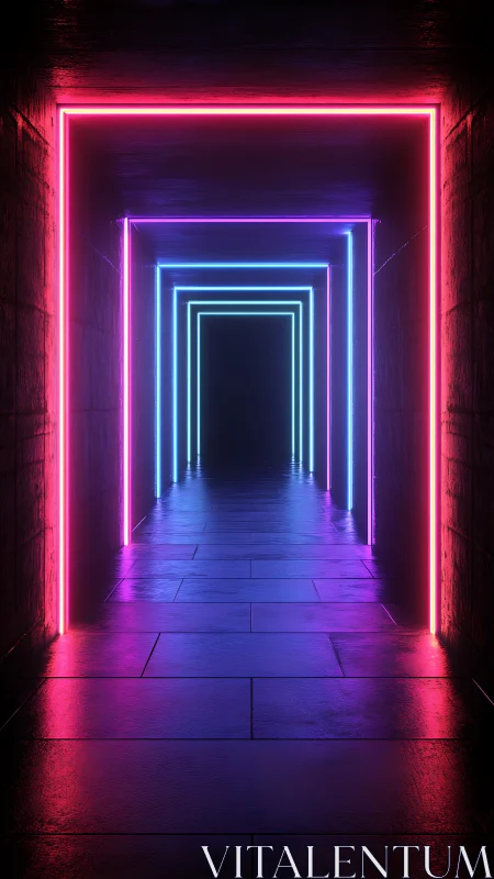 Neon tunnel corridor with glowing geometric light frames.