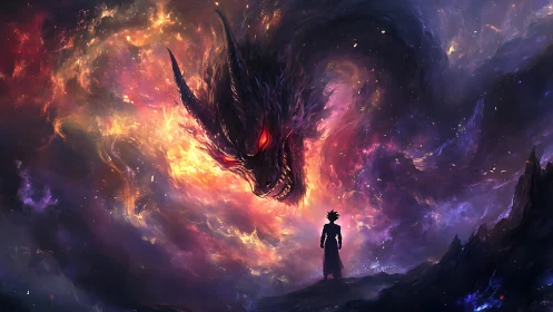 Silhouetted figure observes colossal fiery dragon in nebula sky