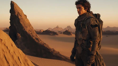 Armored desert wanderer surveys stratified dunes at dusk