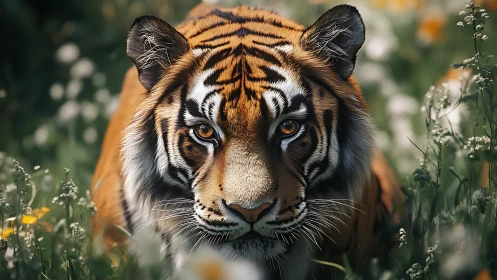 Tiger portrait shows intense amber gaze in soft meadow