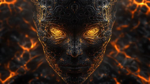 Molten cybernetic face glows with swirling golden ember eyes