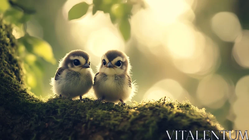 Two Fluffy Baby Birds on Mossy Branch in Soft Sunlight, Nature Photography.