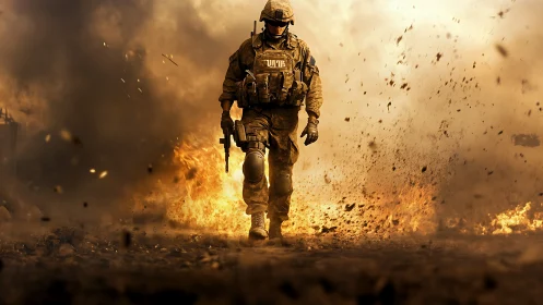 Combat soldier strides through explosive battlefield inferno.