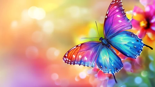 Multicolored butterfly on blurred floral bokeh background.