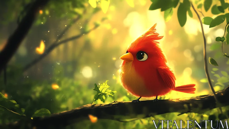 Cute Red Cartoon Bird on Branch in Sunlit Forest, Whimsical Style.