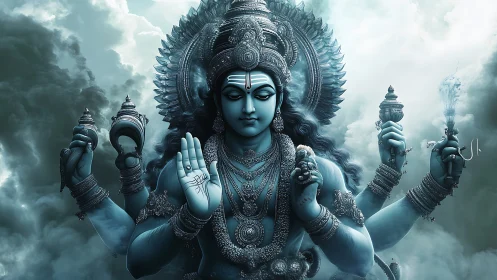Serene blue multi-armed deity radiates calm in storm clouds