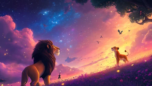 Lions gaze across cosmic dusk sky over violet savanna.