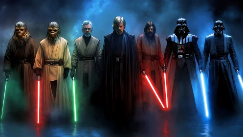 Legendary space warriors united in a glowing standoff.