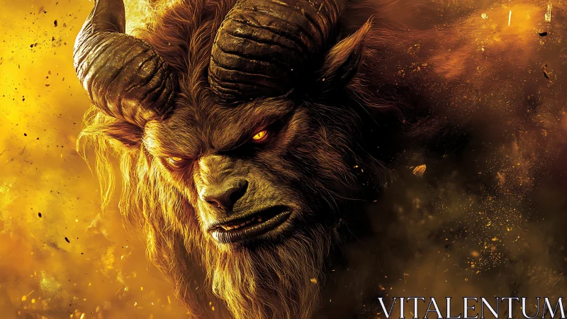 Horned demonic beast head emerging from fiery smoke.