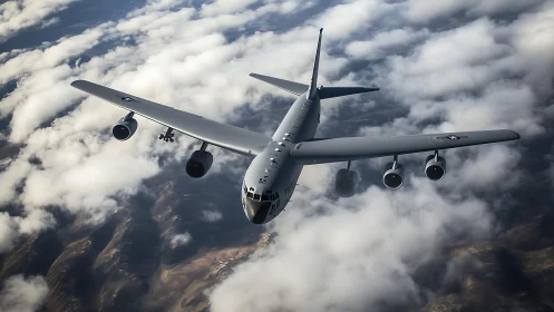 Military jet bomber cuts through dramatic clouds in flight