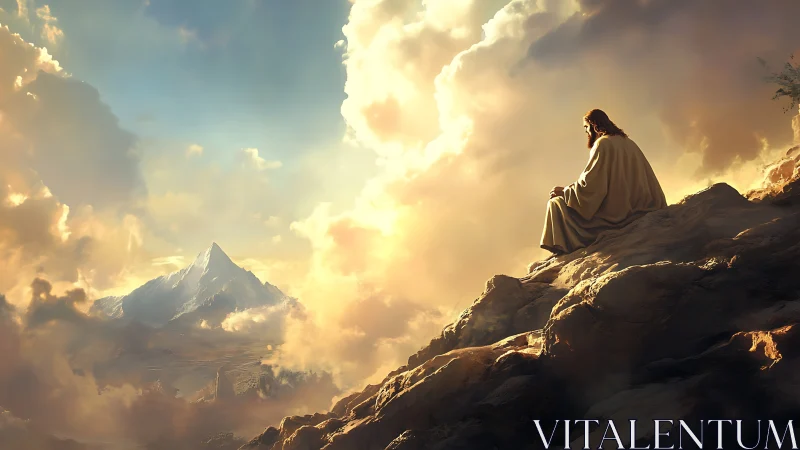 Solitary prophet above sunlit peaks and storm-softened clouds.
