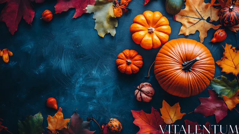 Assorted pumpkins and autumn leaves on dark background.